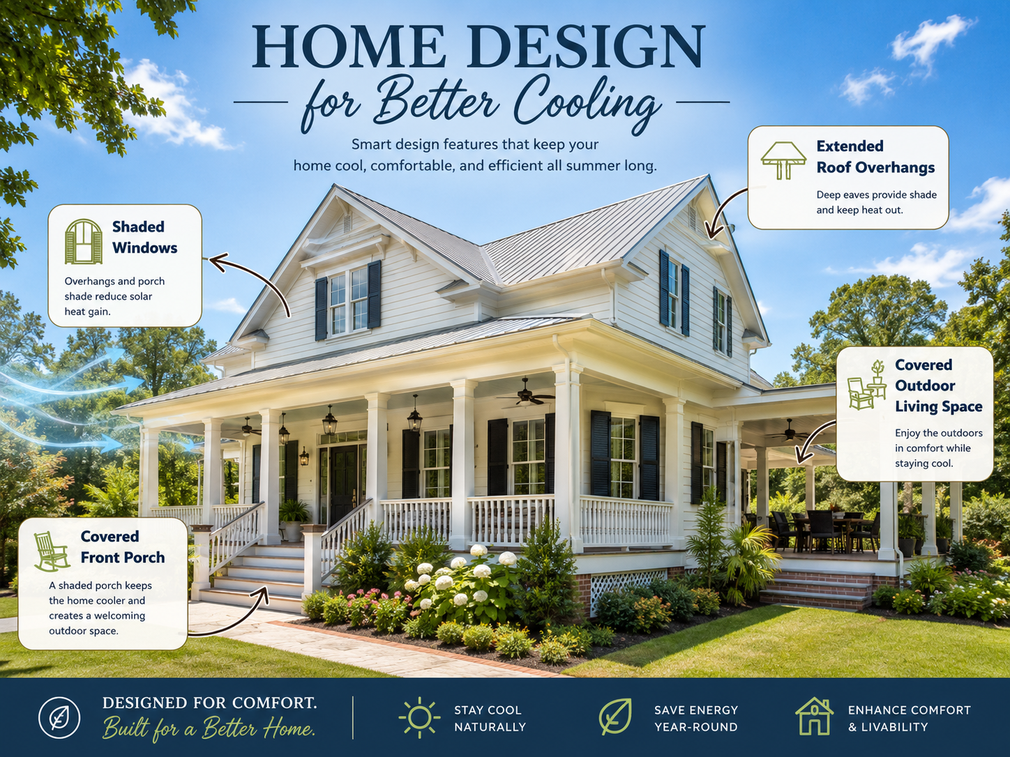 energy saving house with porches and overhangs